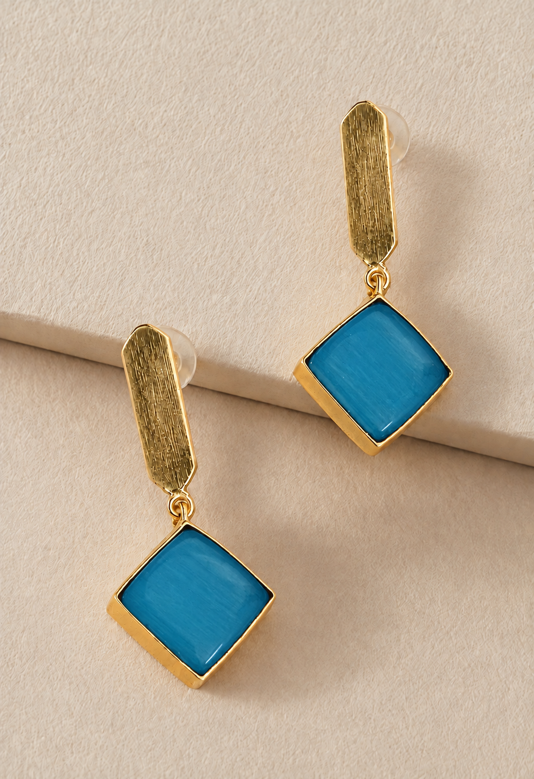 Handmade Brass Geometric Sea Green Stone Drop Earrings