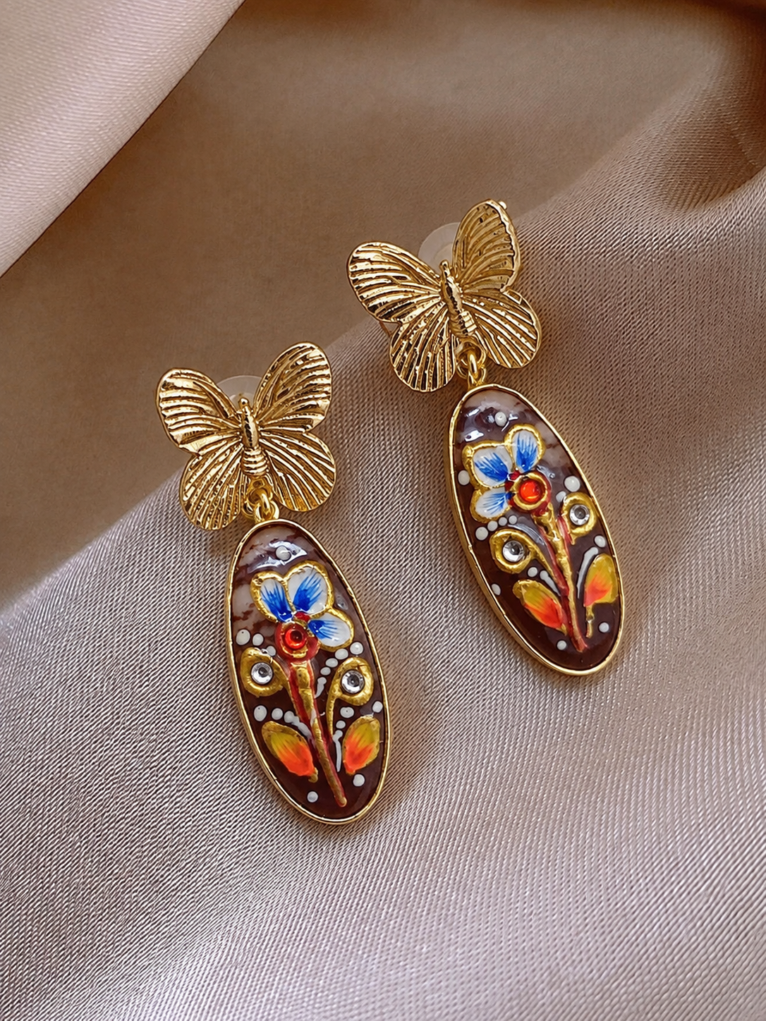 Handmade Brass Butterfly Drop Earrings, Hand Painted Floral Meenakari Oval Dangle Earrings, Vintage Boho Statement Jewelry for Women