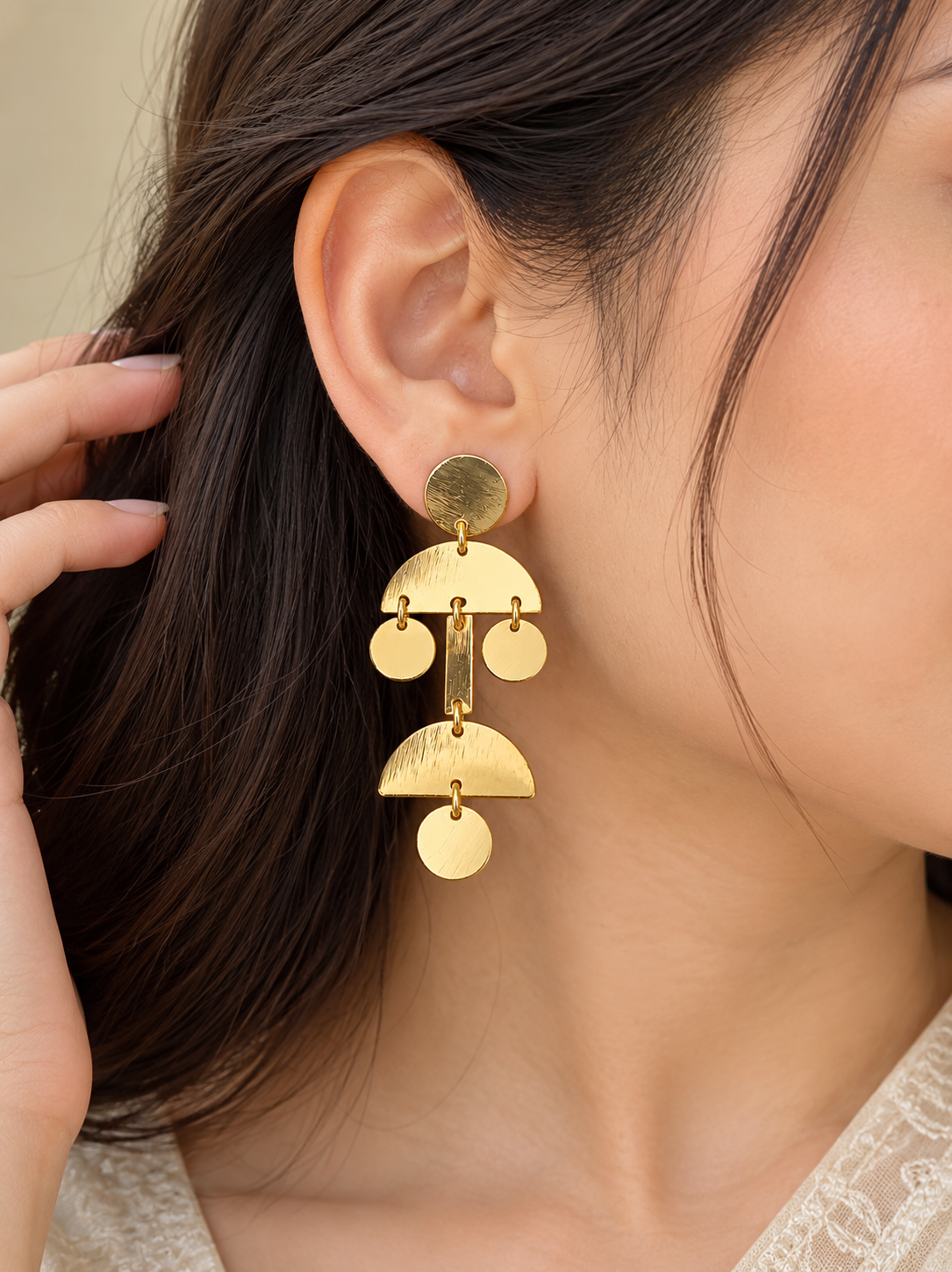 Handmade Geometric Brass Dangle Earrings – Artistic Half Moon and Disc Statement Jewelry