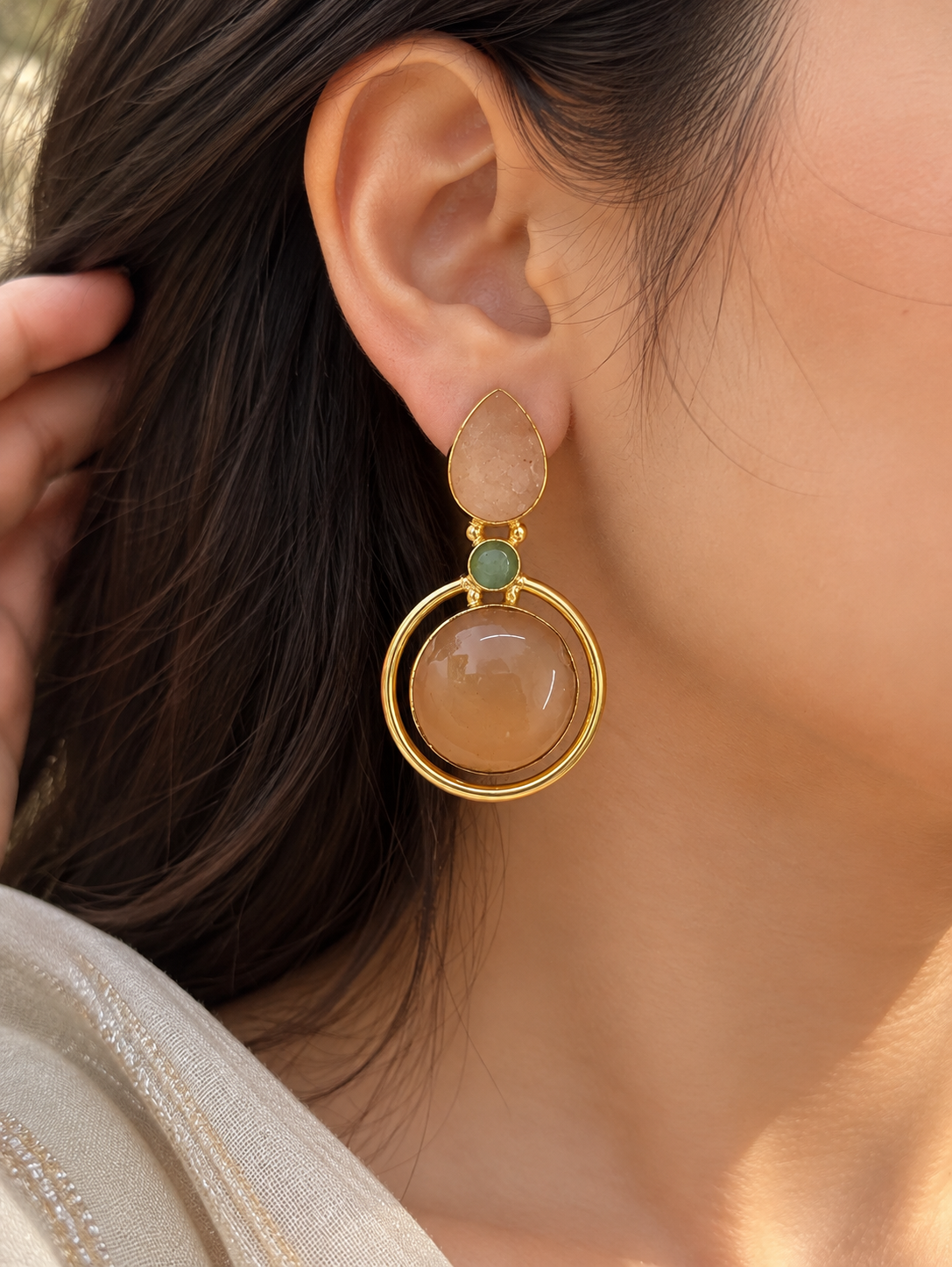 Handmade Brass Peach Moonstone Dangle Earrings, Circle Drop Teardrop Post Earrings, Elegant Gold Gemstone Statement Jewelry for Her