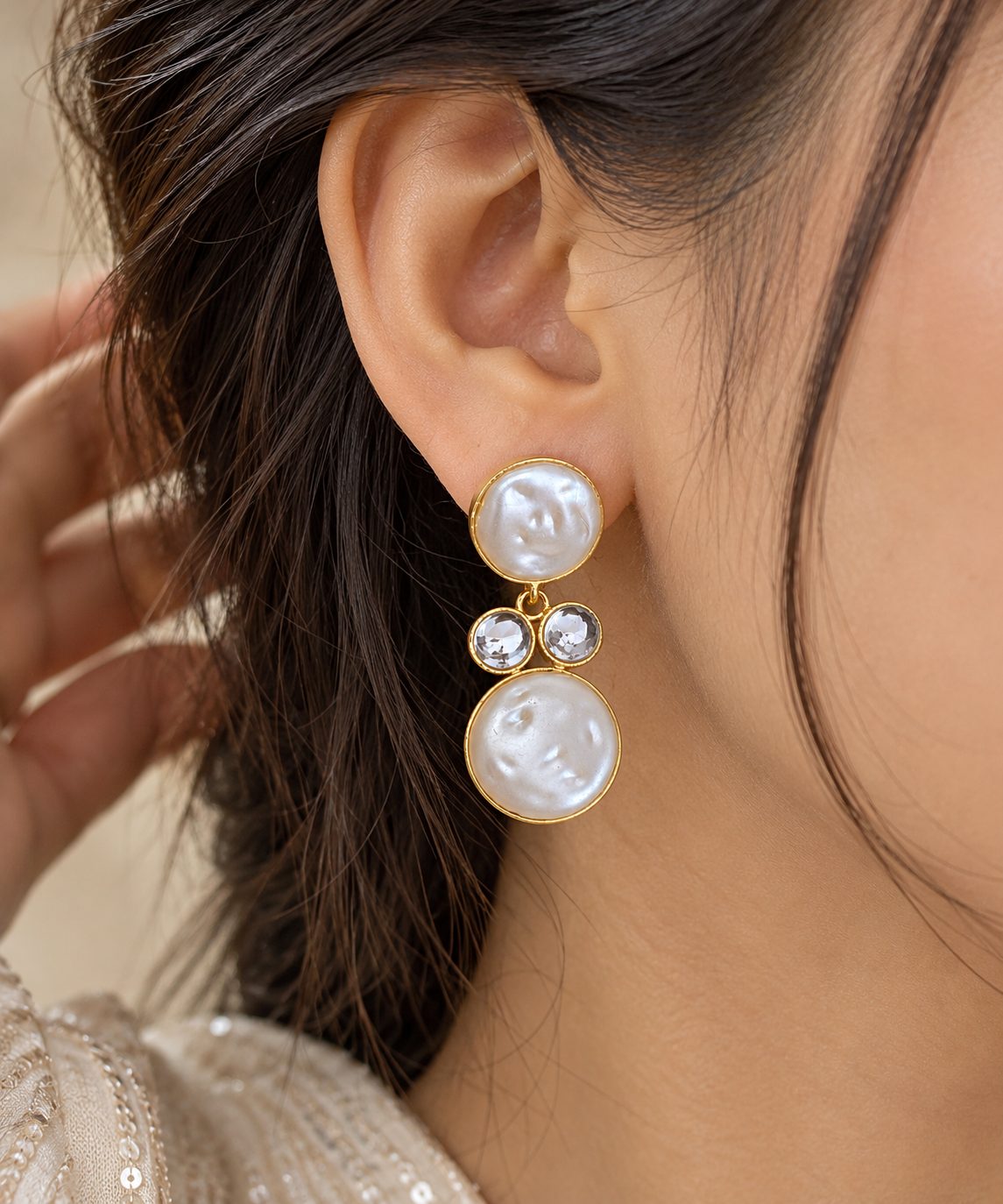 Handmade Brass Baroque Coin Pearl Drop Earrings, Gold Bezel Crystal Dangle Earrings, Artisan Bridal Jewelry