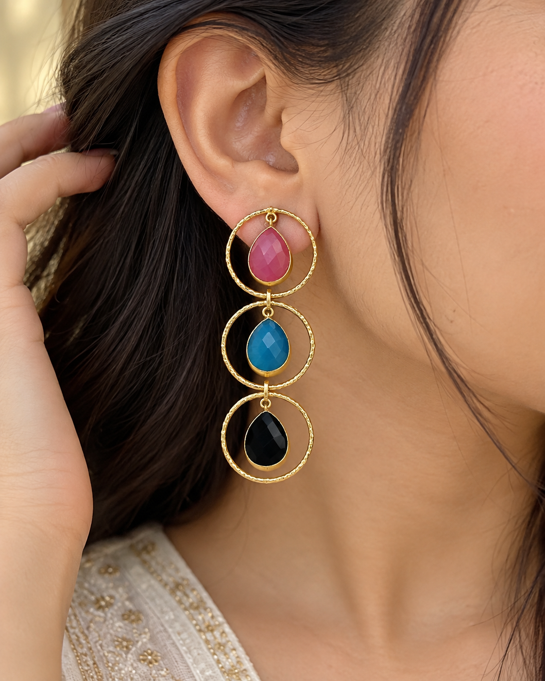 Handmade Brass Dangle Drop Earrings with Multicolor Teardrop Gemstones