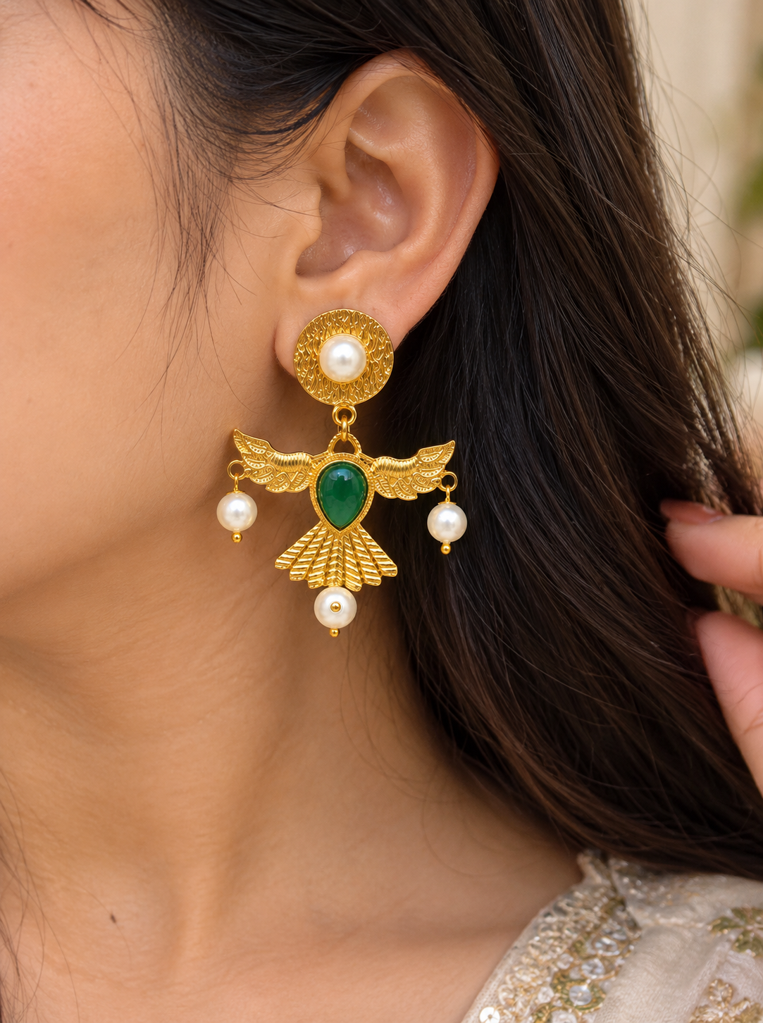 Handmade Brass Flying Bird Drop Earrings, Gold Wing Dangle Earrings with Emerald Green Stone and Pearl Drops, Artisan Statement Jewelry