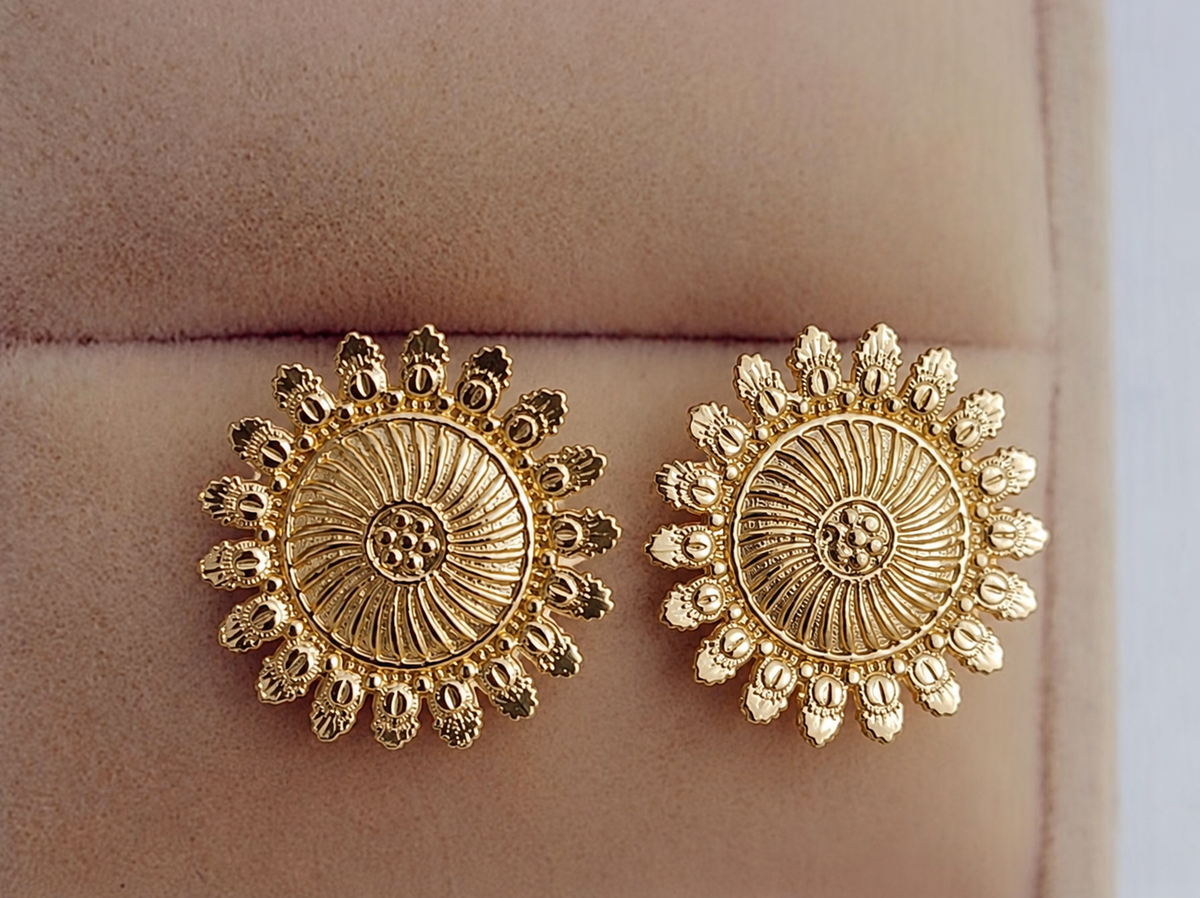 Handcrafted Brass Solar Disc Statement Studs – Bohemian Engraved Floral Medallion Earrings