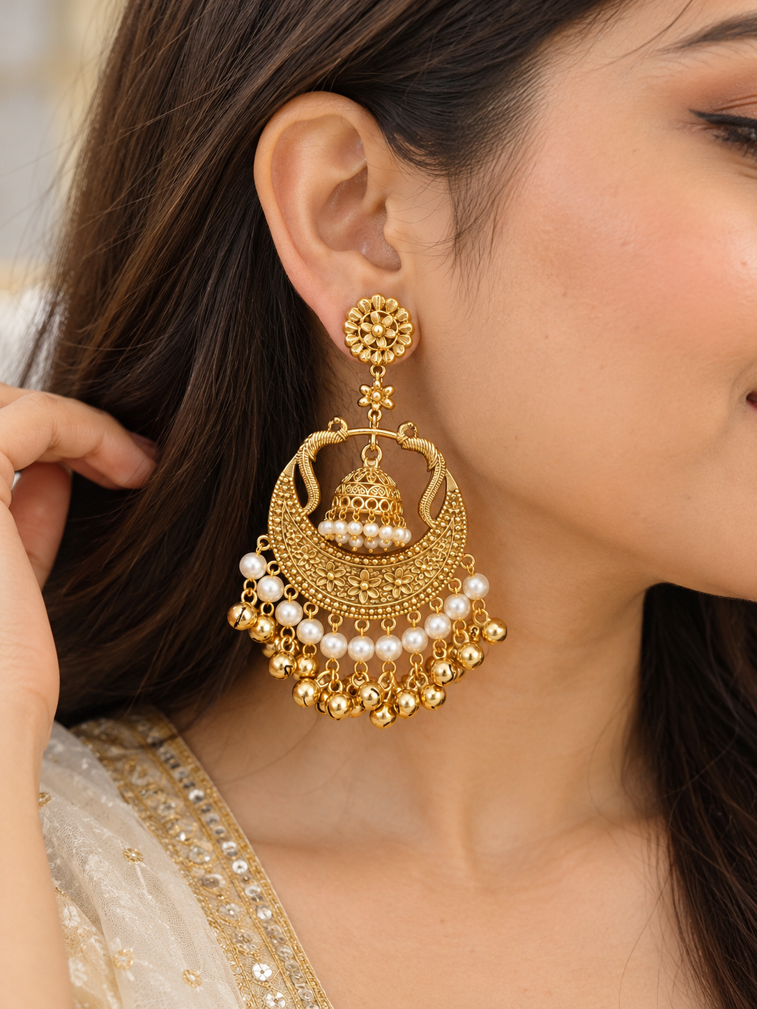 Handmade Brass Kashmiri Chandbali Earrings, Handcrafted Ethnic Jhumka Dangles with Pearl Drops, Traditional Artisan Statement Bridal Jewelry