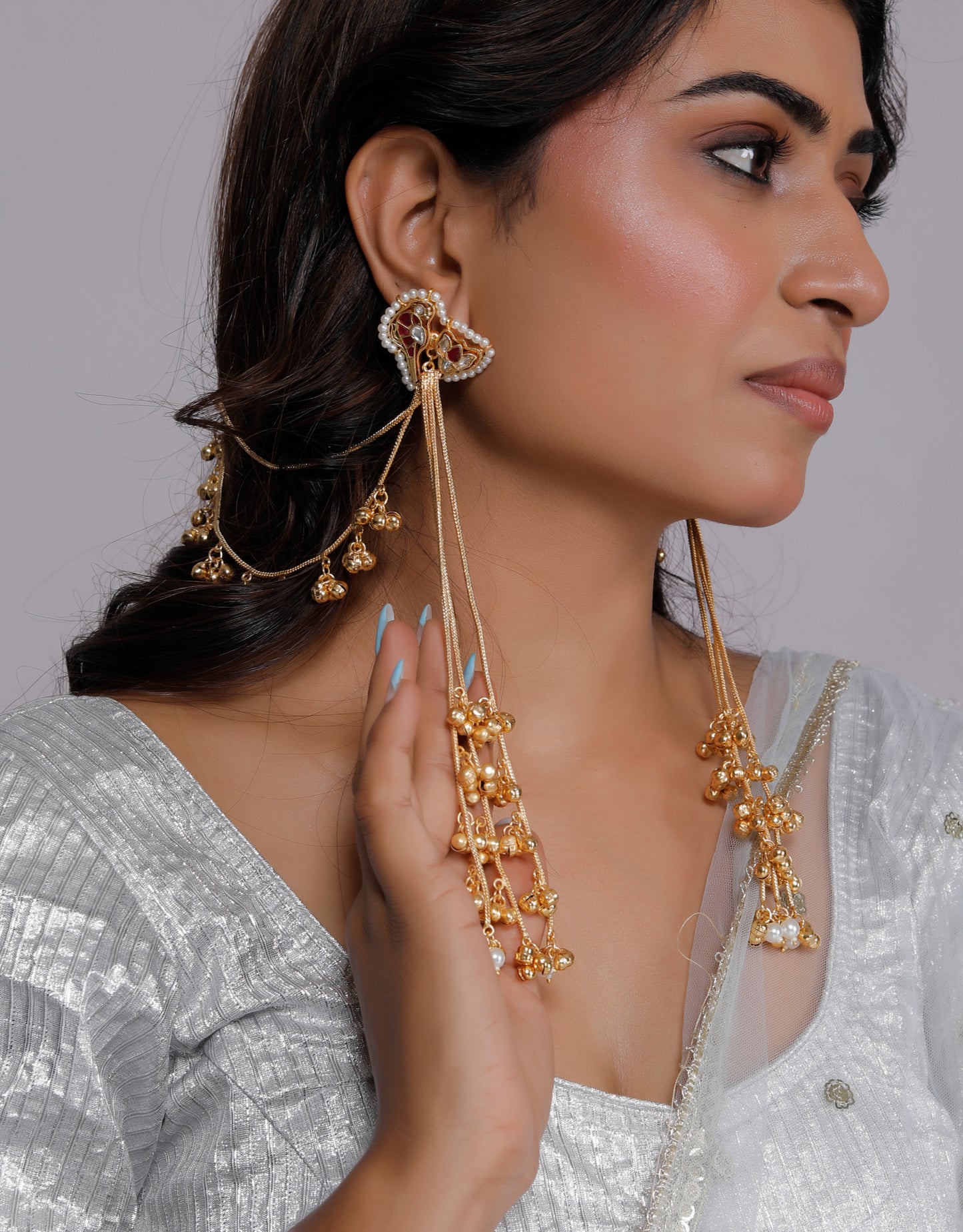 Kashmiri paachi kundan peacock design earring with back chain