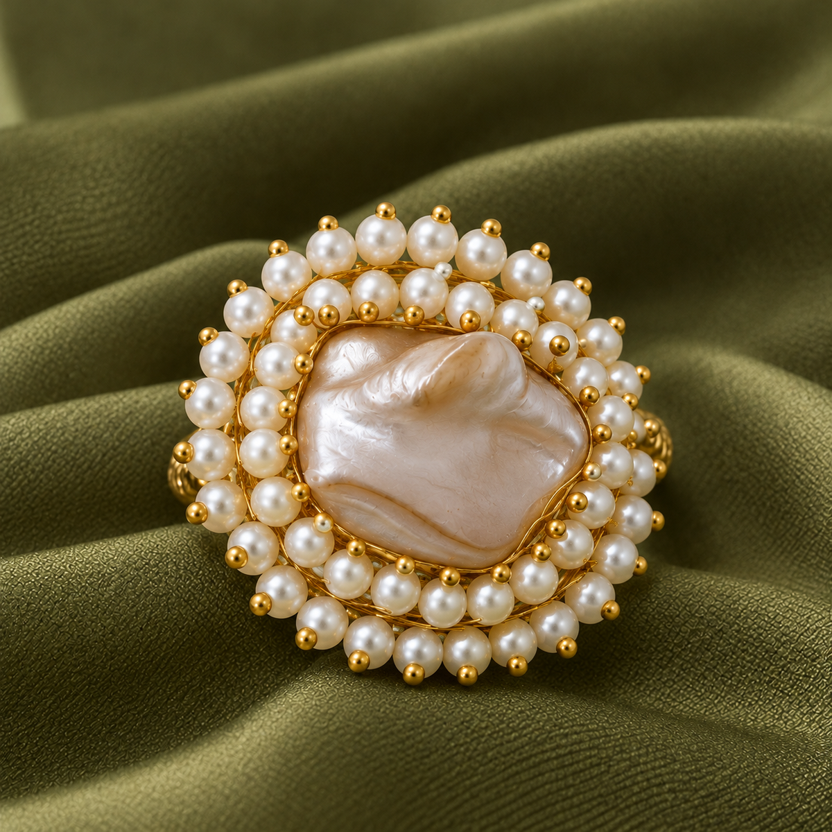 Handmade Brass Baroque Pearl Statement Ring, Handcrafted Beaded Cluster Cocktail Ring, Artisan Wire-Wrapped Brass Jewelry for Women