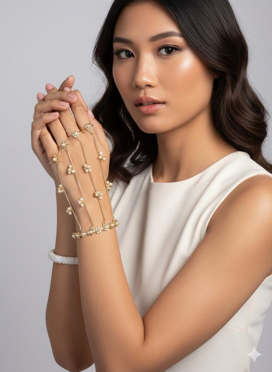 Brass-Based Flower Hathphool with Moti Puwai & Adjustable Ring