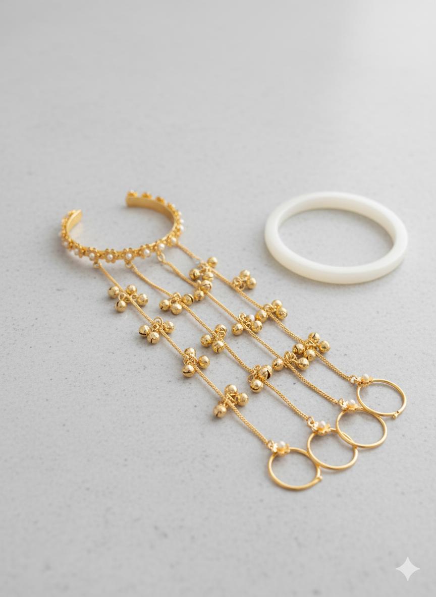 Brass-Based Flower Hathphool with Ghungroo Puwai & Adjustable Ring