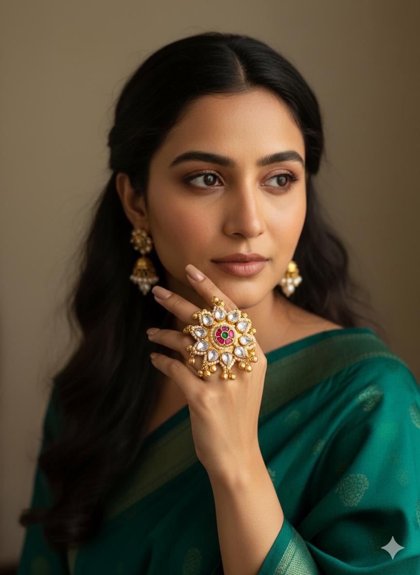 Brass-Based Paachi Kundan & AD Stone Ghungroo Puwai Adjustable Ring