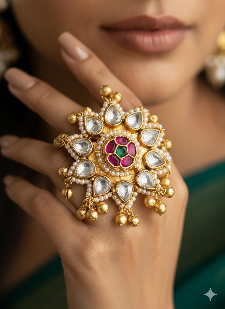 Brass-Based Paachi Kundan & AD Stone Ghungroo Puwai Adjustable Ring