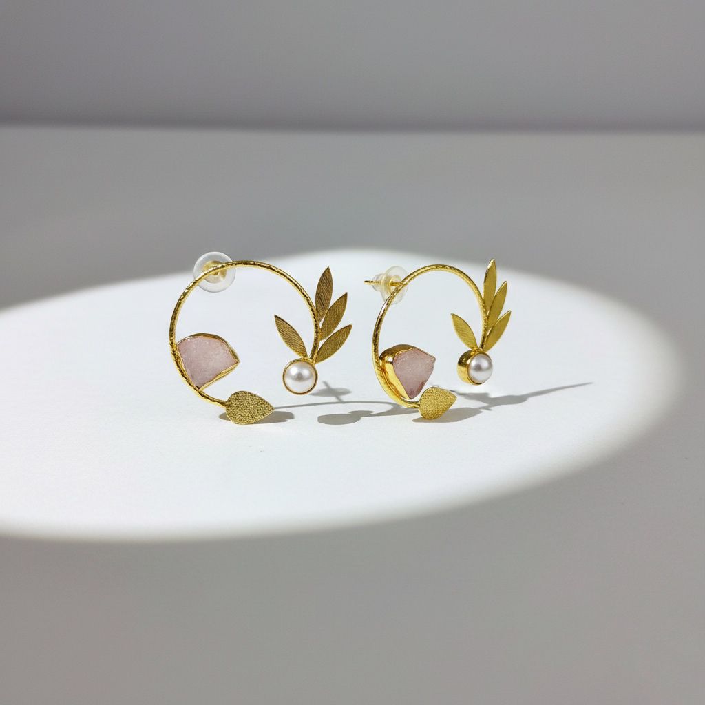 Brass-Based Leaf Design Earrings with Nature Rose Squad Stone & Golden Polish