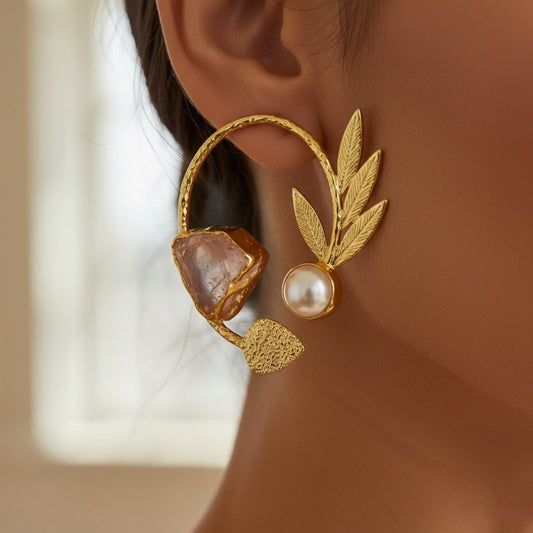 Brass-Based Leaf Design Earrings with Nature Rose Squad Stone & Golden Polish