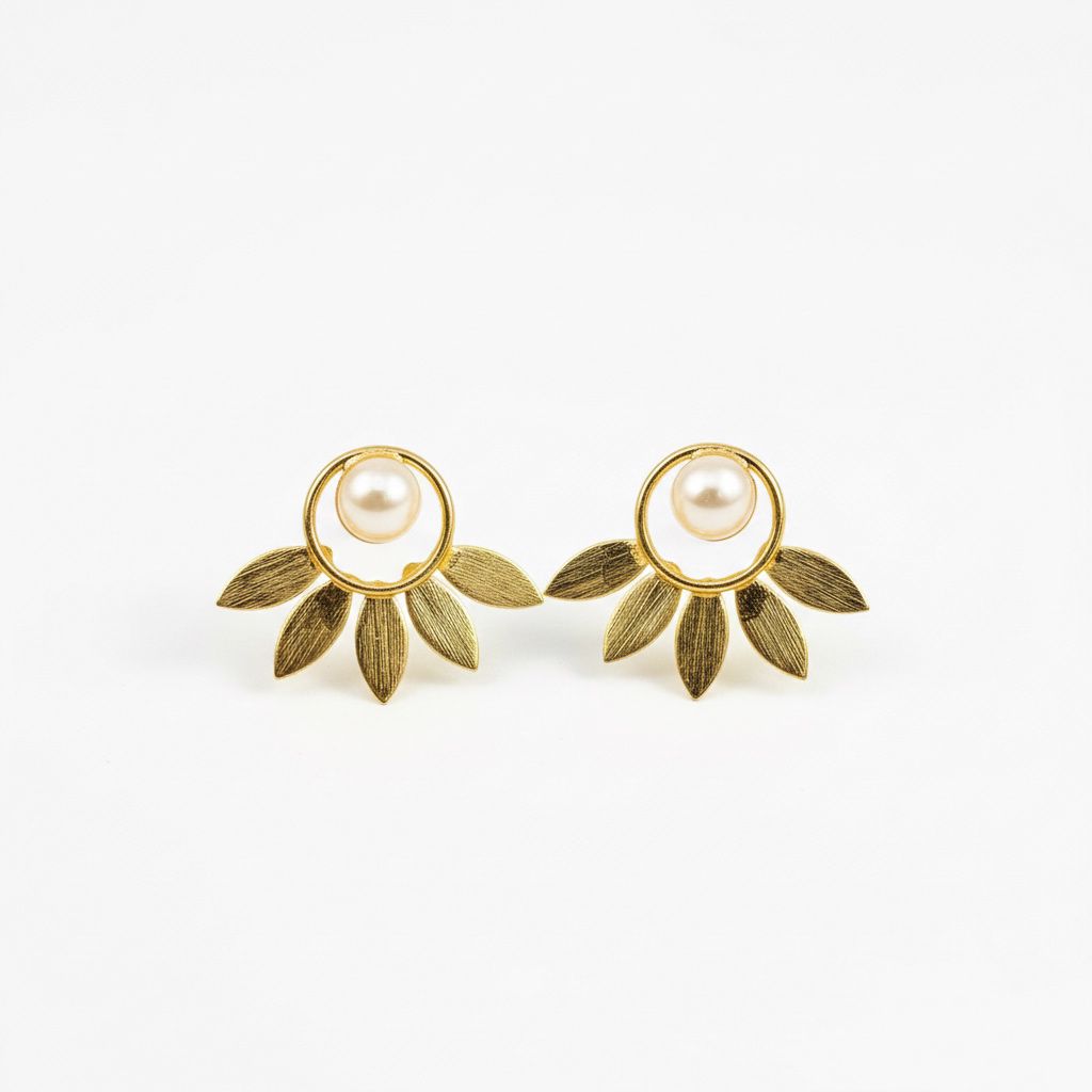 “Delicate Small Brass Leaf Earrings with Pearls – Golden Polish Finish”