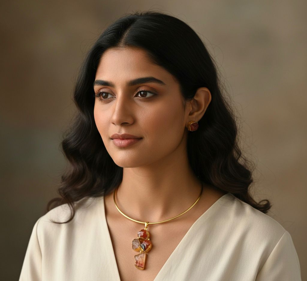 Semi-Precious Stone Western Design Hasli Necklace Set with Ear Tops