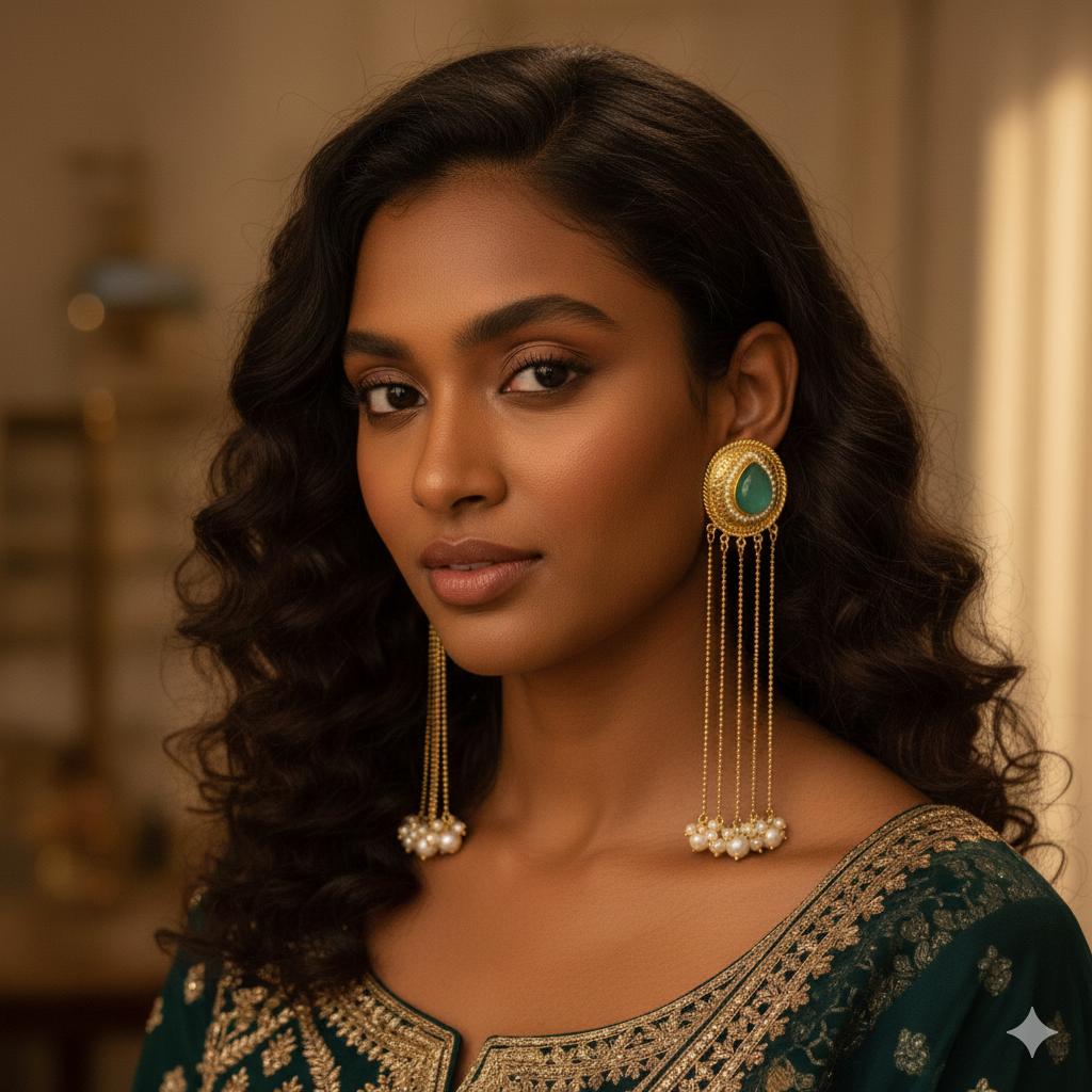 Kashmiri long monalisa stone earrings