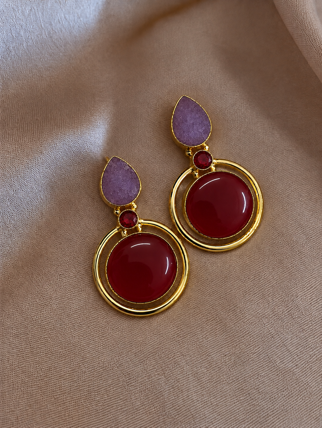 Handmade Brass Peach Moonstone Dangle Earrings, Circle Drop Teardrop Post Earrings, Elegant Gold Gemstone Statement Jewelry for Her