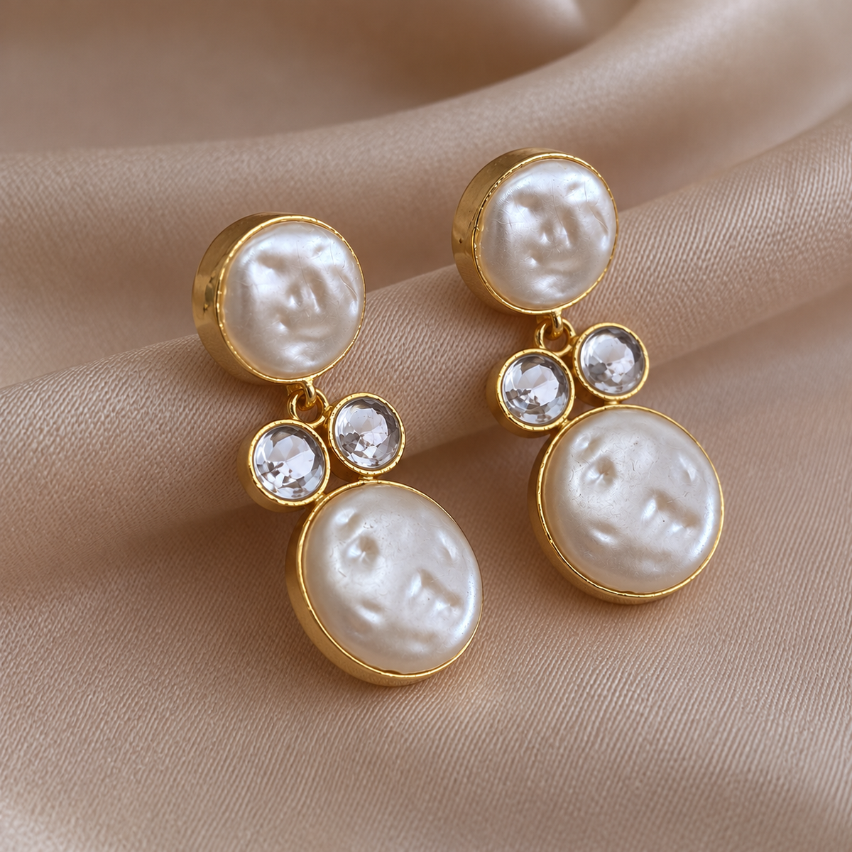 Handmade Brass Baroque Coin Pearl Drop Earrings, Gold Bezel Crystal Dangle Earrings, Artisan Bridal Jewelry