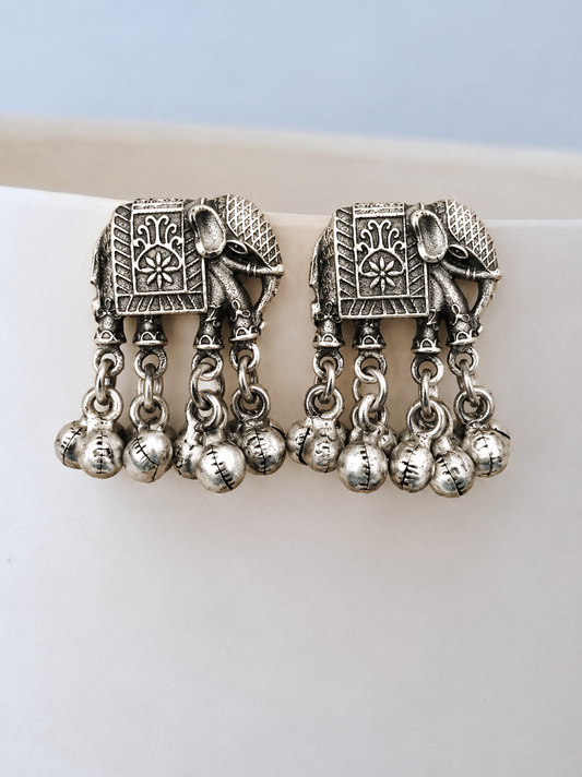 Handmade Brass Elephant Earrings, Handcrafted Royal Elephant Motif Dangle Earrings with Ghungroo Drops, Tribal Ethnic Statement Jewelry