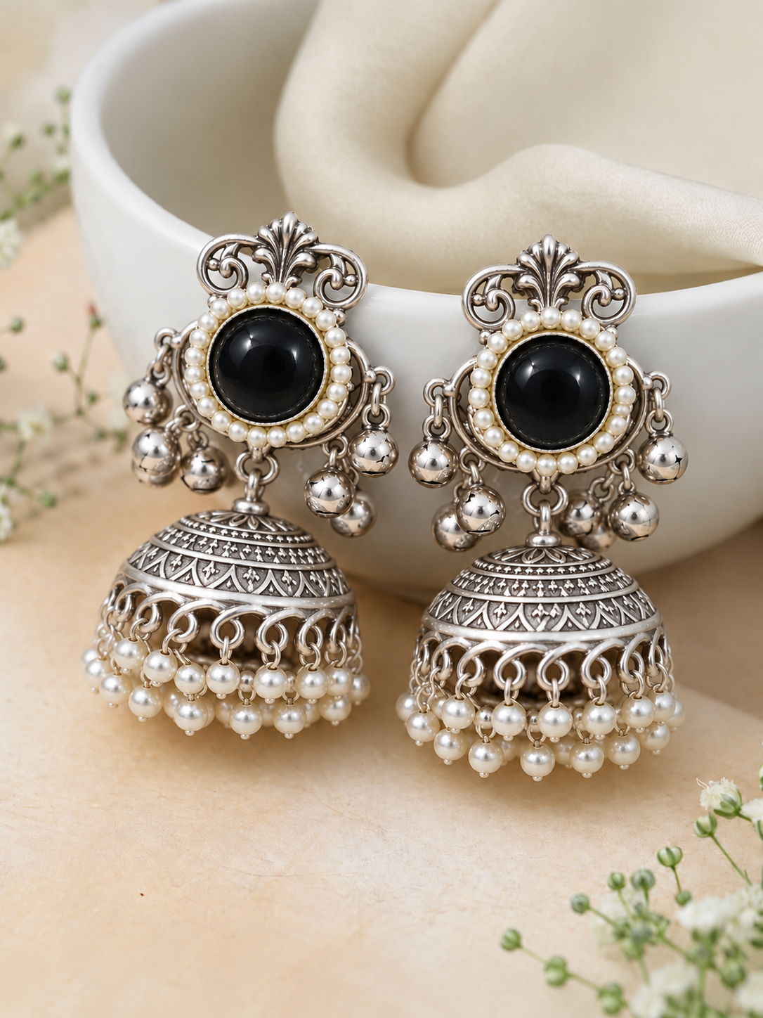 Handmade Kashmiri Brass Jhumka Earrings, Handcrafted Ethnic Drop Jhumki Earrings with Pearl Detailing, Traditional Statement Jewelry