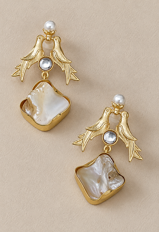 Handmade Gold-Tone Brass Bird Drop Earrings with Irregular Pearl