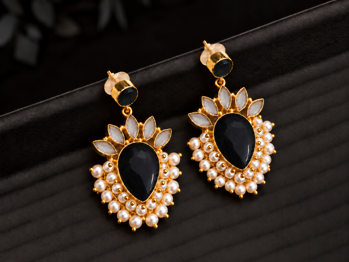 Handmade Brass Ruby Red Stone Drop Earrings, Pearl Cluster Dangle Earrings, Indian Artisan Bridal Statement Jewelry
