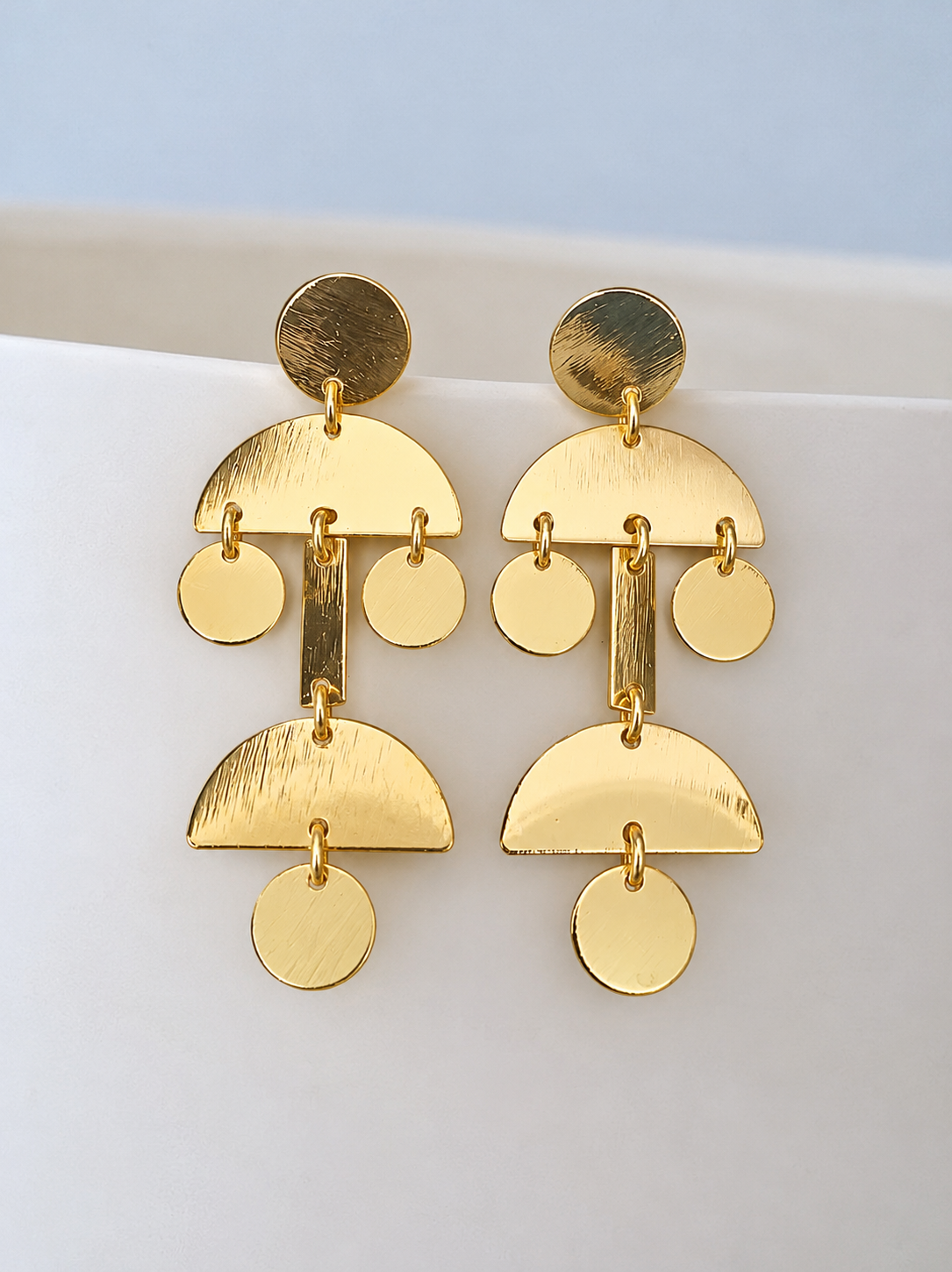Handmade Geometric Brass Dangle Earrings – Artistic Half Moon and Disc Statement Jewelry
