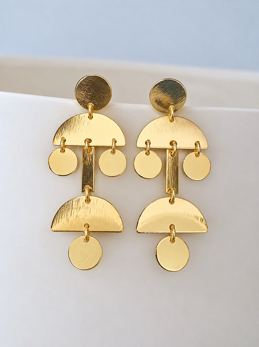 Handmade Geometric Brass Dangle Earrings – Artistic Half Moon and Disc Statement Jewelry