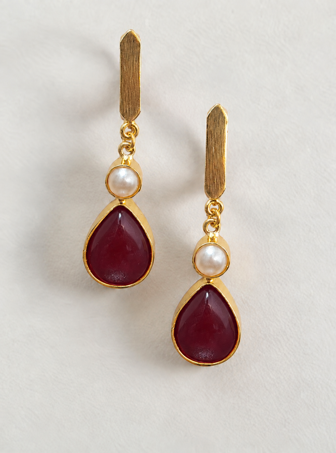 Handmade Brass Drop Earrings, Artisan Pear Stone Dangle Earrings with Pearl Accent, Handcrafted Elegant Jewelry Gift for Her