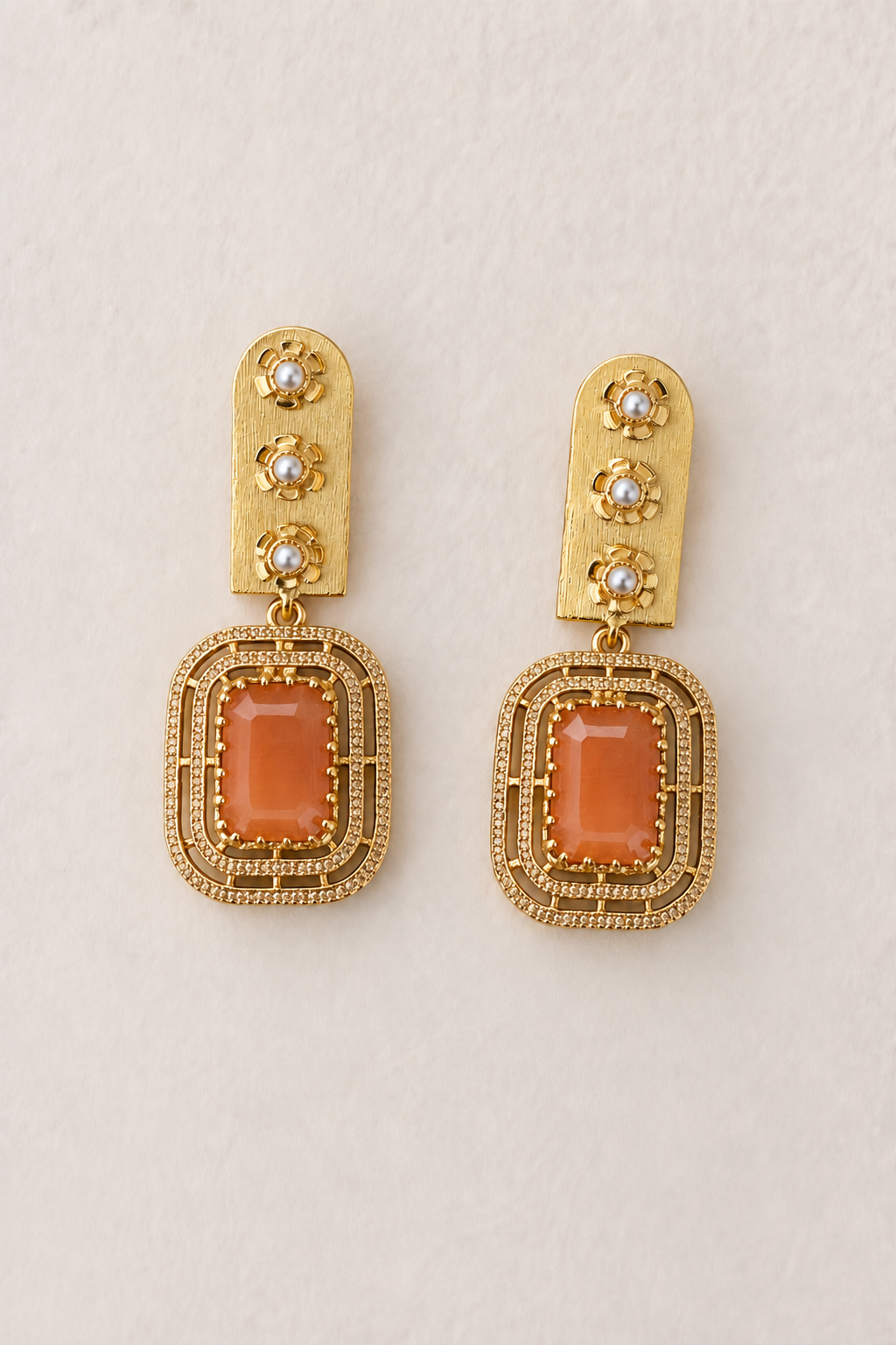 Handmade Brass Statement Drop Earrings – Gold-Plated Amber Yellow Stone & Pearl Accent Dangle Earrings, Artisan Geometric Jewelry