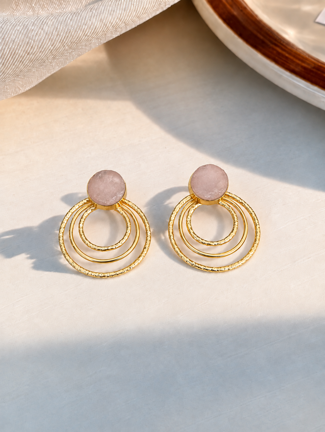 Handmade Gold-Toned Brass Triple-Hoop Dangle Earrings with Natural Stone