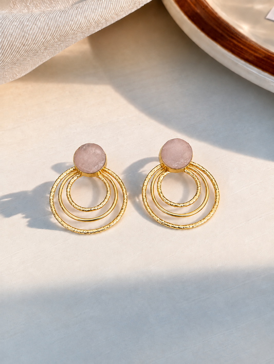 Handmade Gold-Toned Brass Triple-Hoop Dangle Earrings with Natural Stone