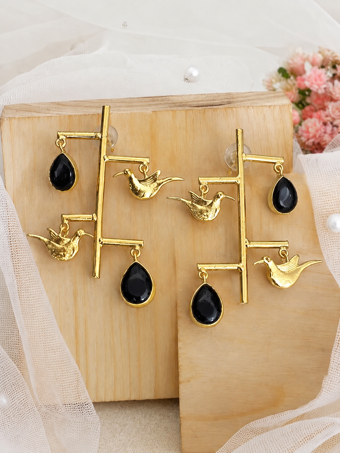 Handmade Brass Hummingbird Branch Earrings with Emerald Green Teardrop Stones | Whimsical Nature-Inspired Drop Dangles for Women