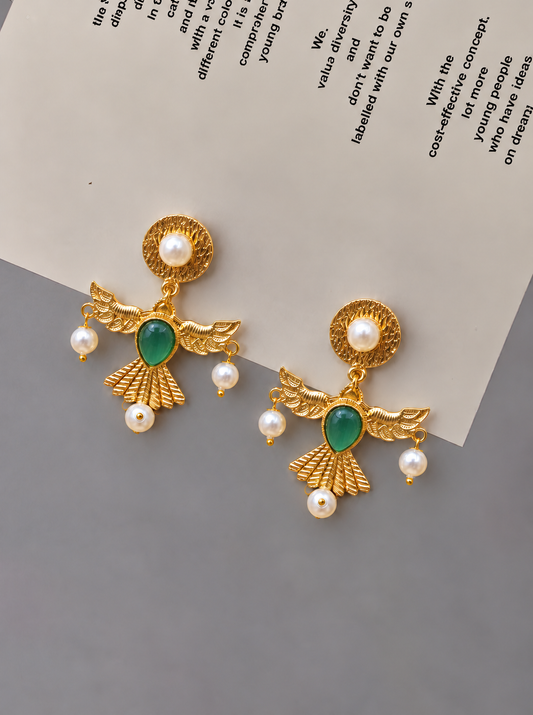 Handmade Brass Flying Bird Drop Earrings, Gold Wing Dangle Earrings with Emerald Green Stone and Pearl Drops, Artisan Statement Jewelry