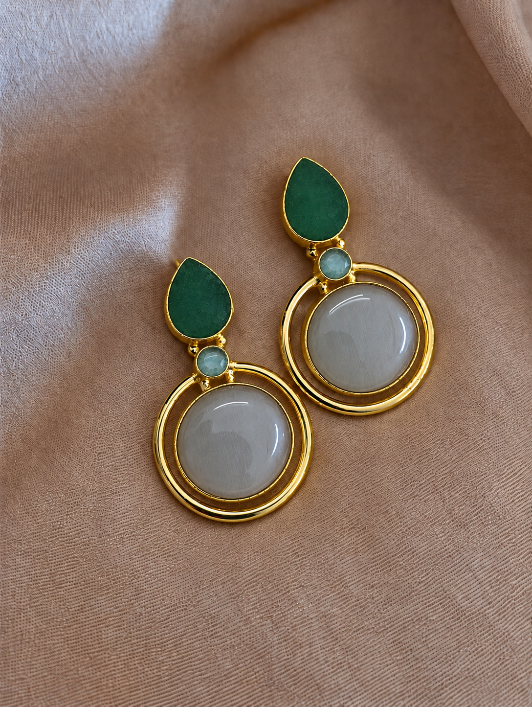Handmade Brass Peach Moonstone Dangle Earrings, Circle Drop Teardrop Post Earrings, Elegant Gold Gemstone Statement Jewelry for Her
