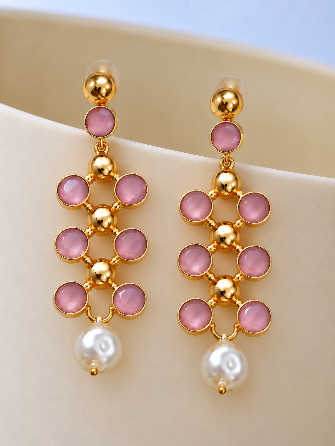 Handmade Brass Ruby Red Stone Long Drop Earrings with Baroque Pearl Dangles