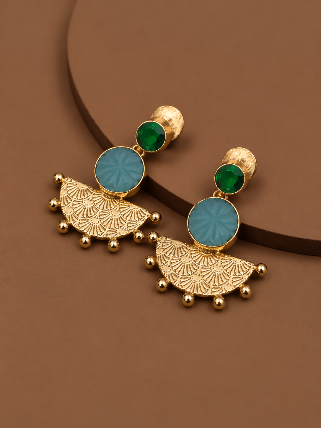 Handmade Brass Fan Drop Earrings, Gold Textured Half Sunburst Earrings with Emerald Green Carved Stones, Artisan Statement Jewelry