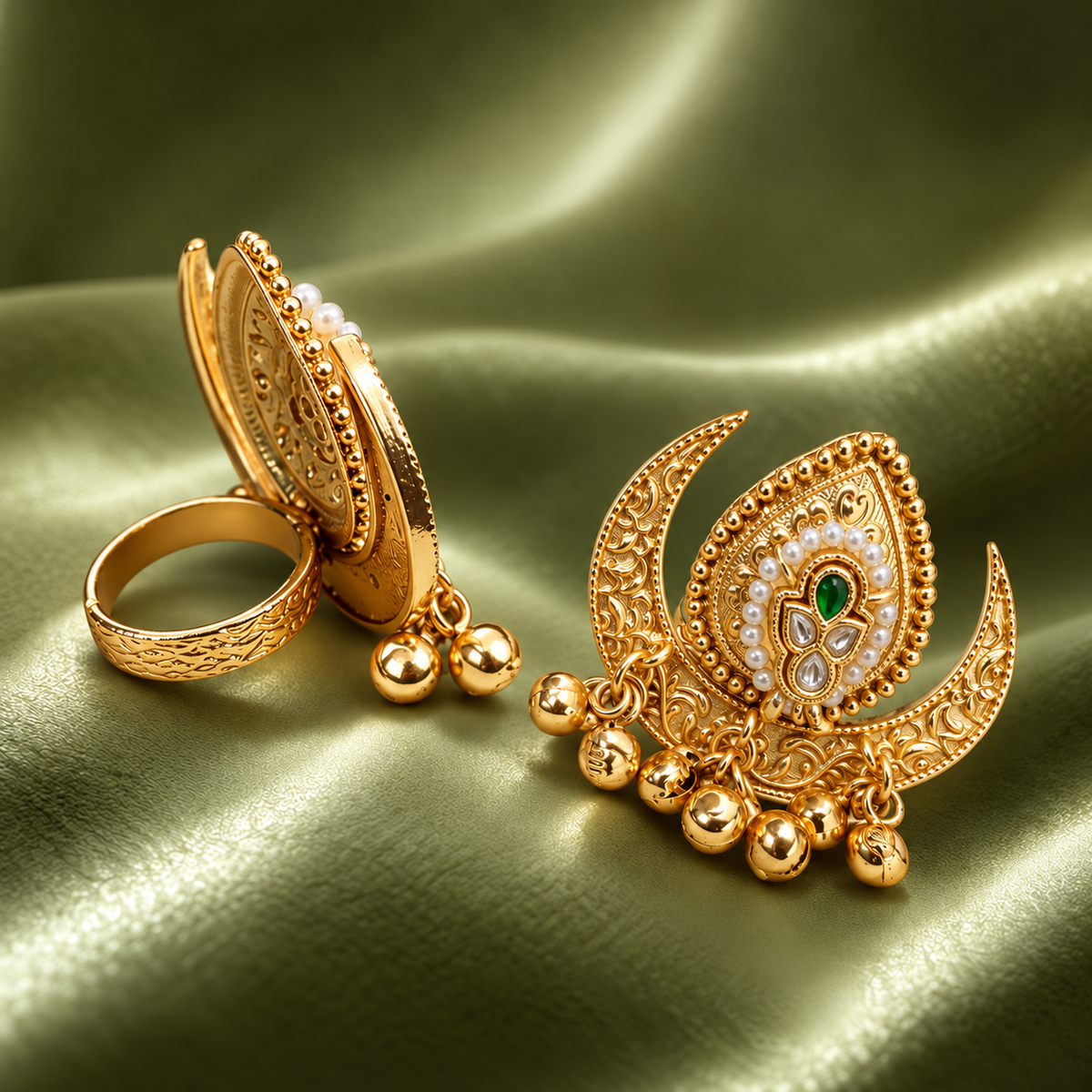 Handmade Brass Crescent Moon Statement Ring, Handcrafted Traditional Floral Filigree Cocktail Ring with Hanging Ghungroo Drops, Artisan Ethnic Jewelry