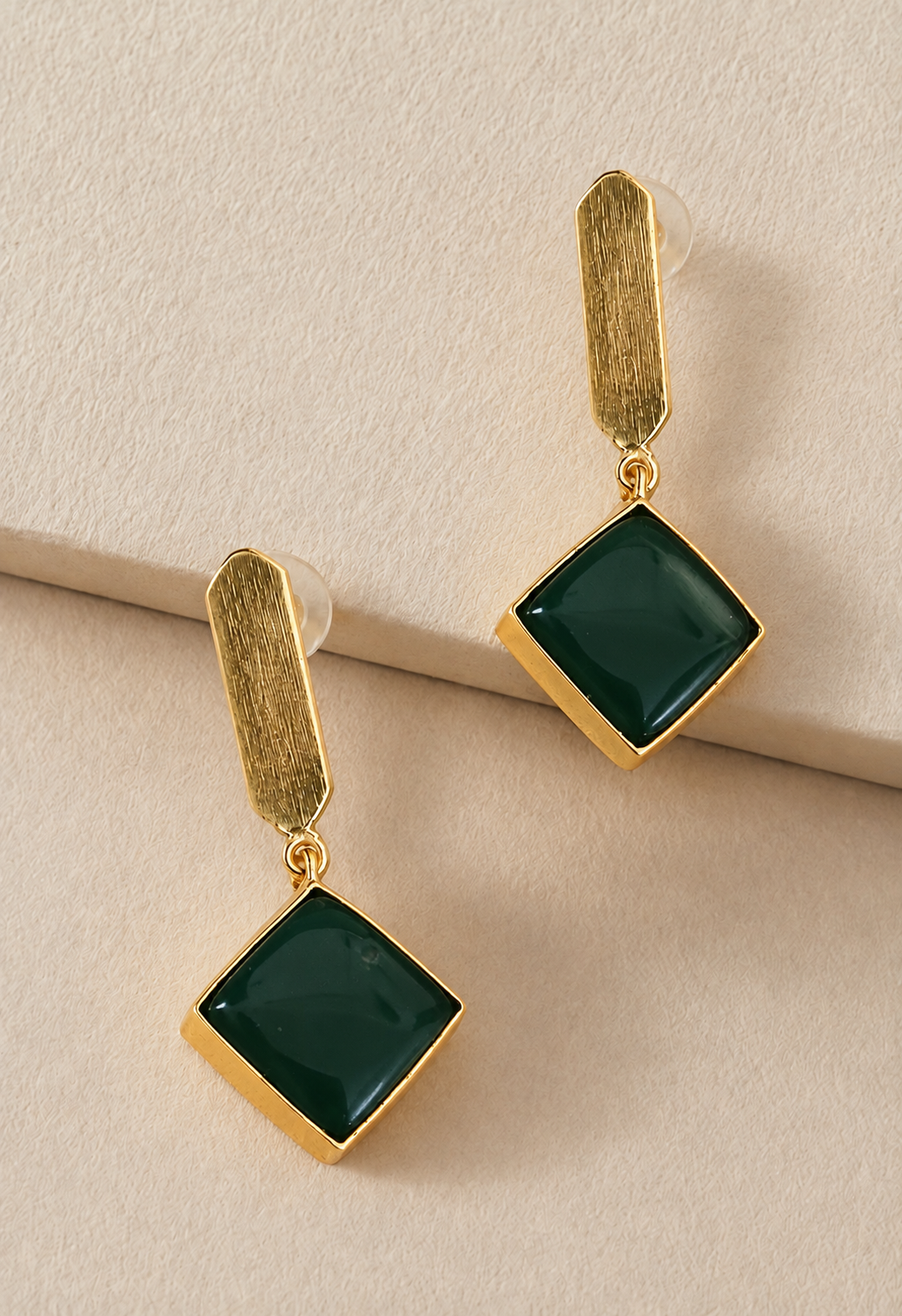 Handmade Brass Geometric Sea Green Stone Drop Earrings