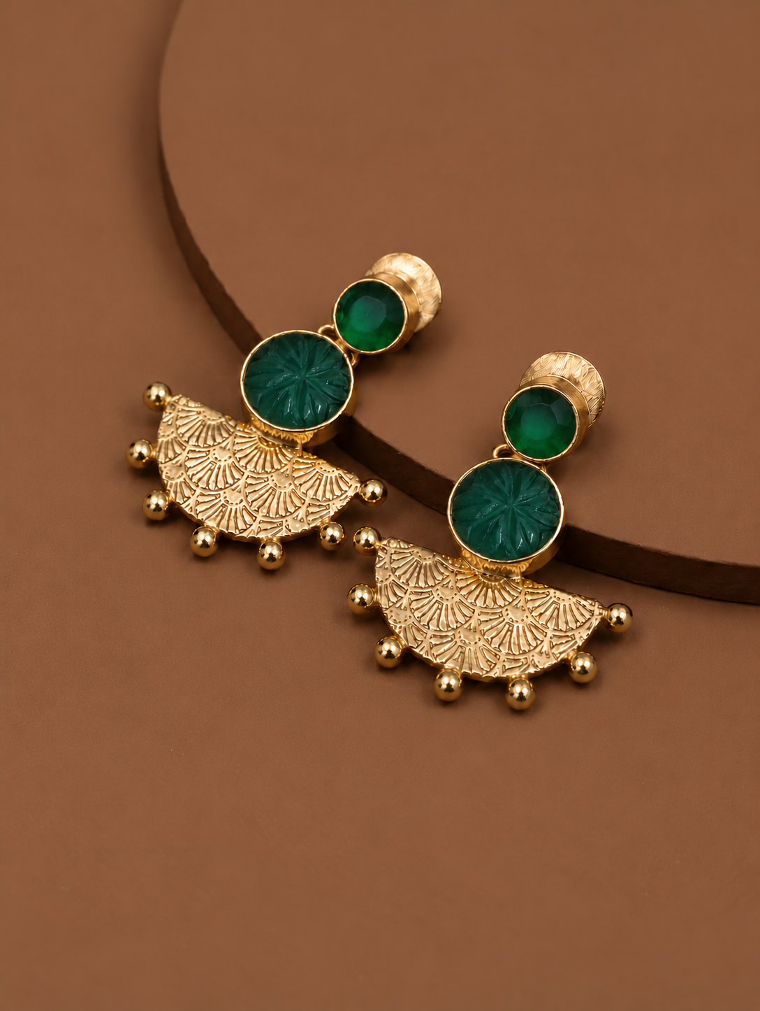 Handmade Brass Fan Drop Earrings, Gold Textured Half Sunburst Earrings with Emerald Green Carved Stones, Artisan Statement Jewelry