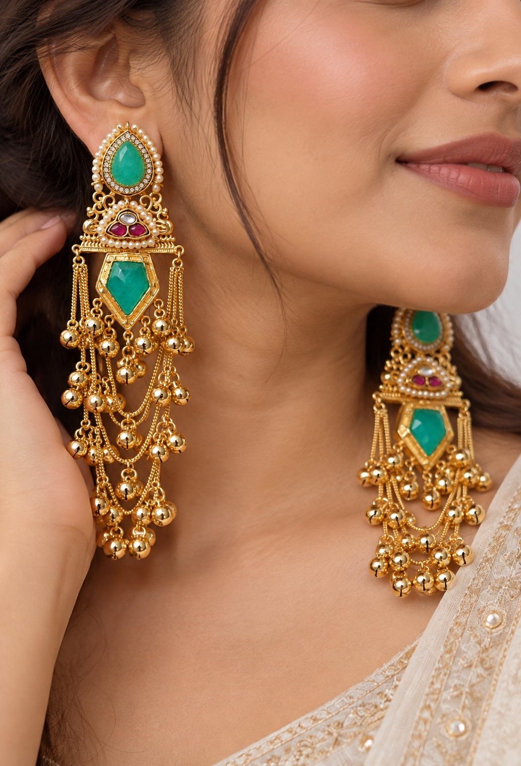 Handmade Brass Kashmiri Earrings, Artisan Multi-Tier Waterfall Ghungroo Dangles with Faceted Gemstones, Traditional Ethnic Statement Bridal Jewelry