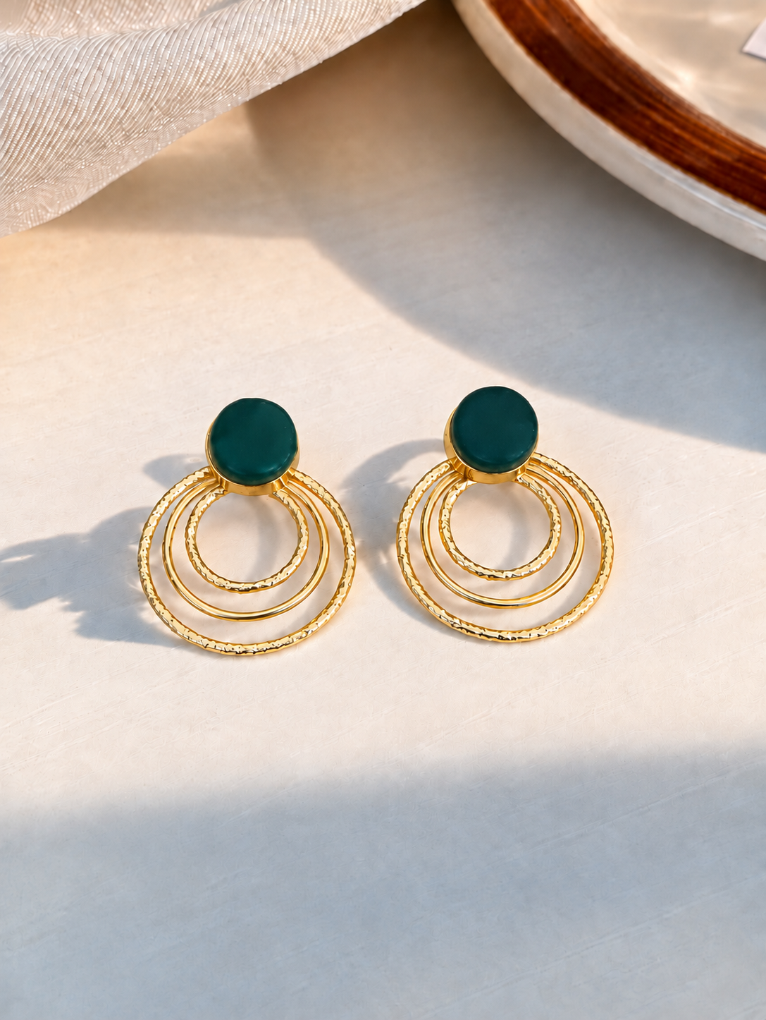 Handmade Gold-Toned Brass Triple-Hoop Dangle Earrings with Natural Stone