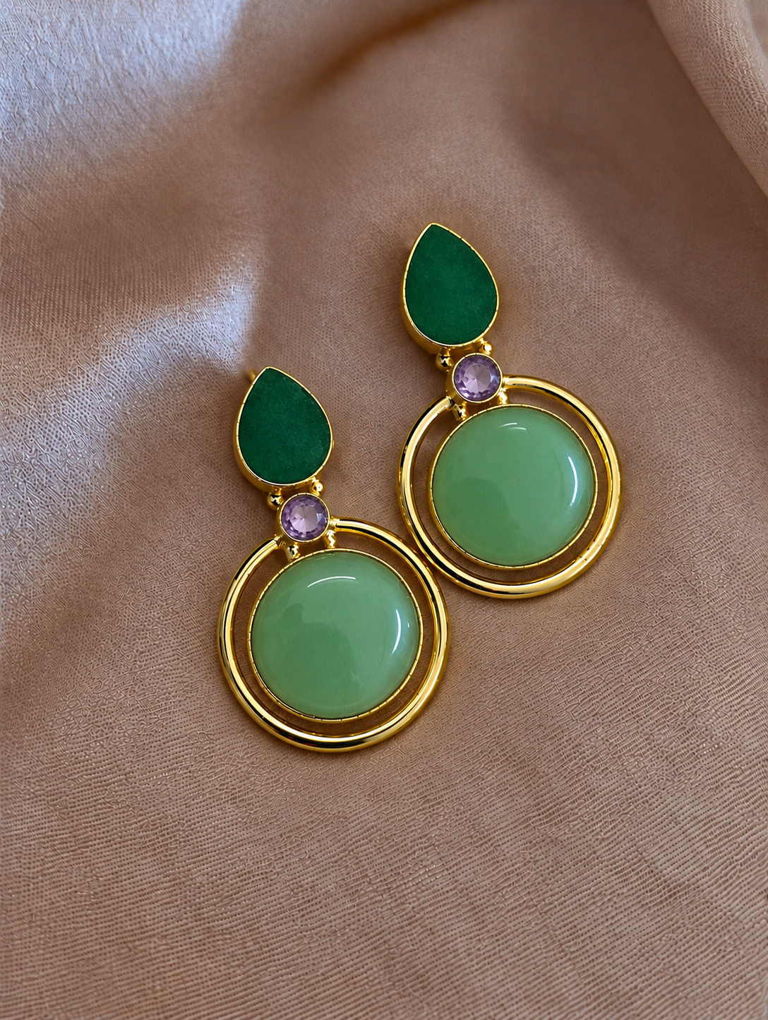Handmade Brass Peach Moonstone Dangle Earrings, Circle Drop Teardrop Post Earrings, Elegant Gold Gemstone Statement Jewelry for Her