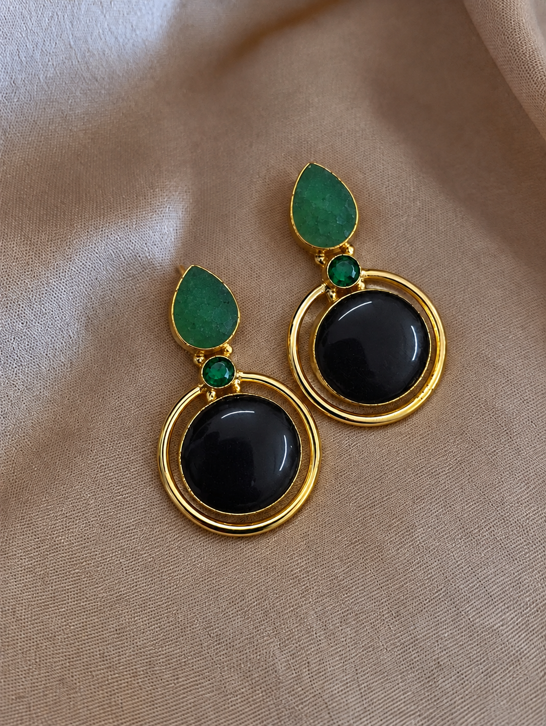 Handmade Brass Peach Moonstone Dangle Earrings, Circle Drop Teardrop Post Earrings, Elegant Gold Gemstone Statement Jewelry for Her