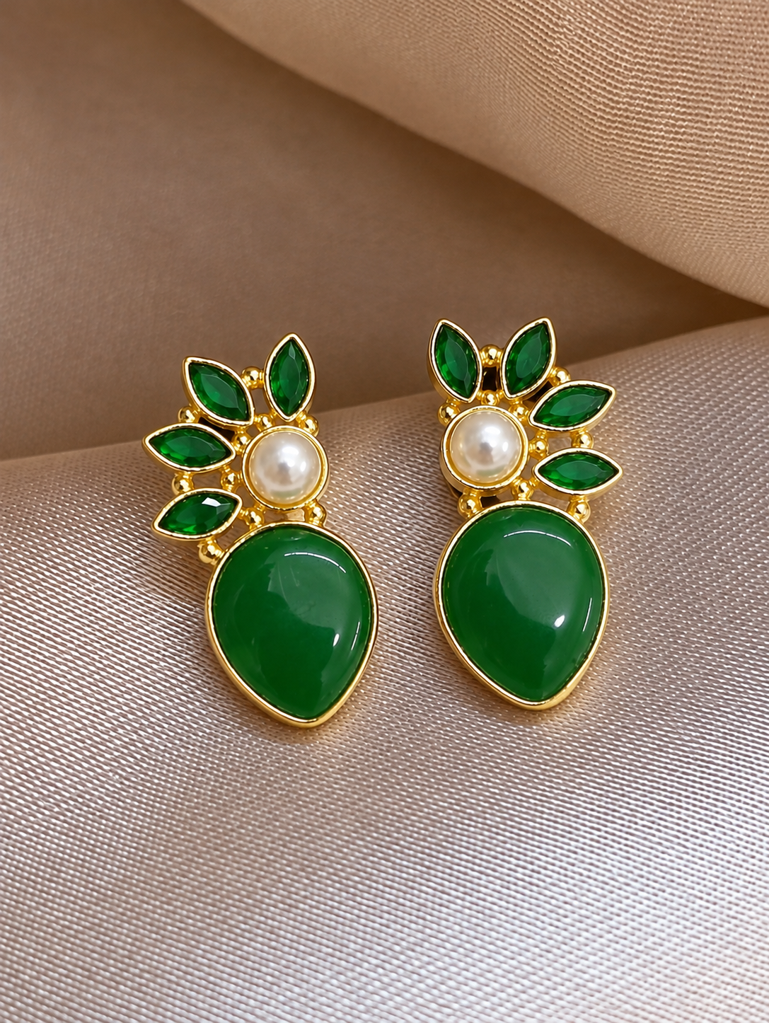 Handmade Brass Red Coral Teardrop Stud Earrings, Pearl Crown Navette Crystal Statement Earrings, Regal Gold Festive Jewelry for Women