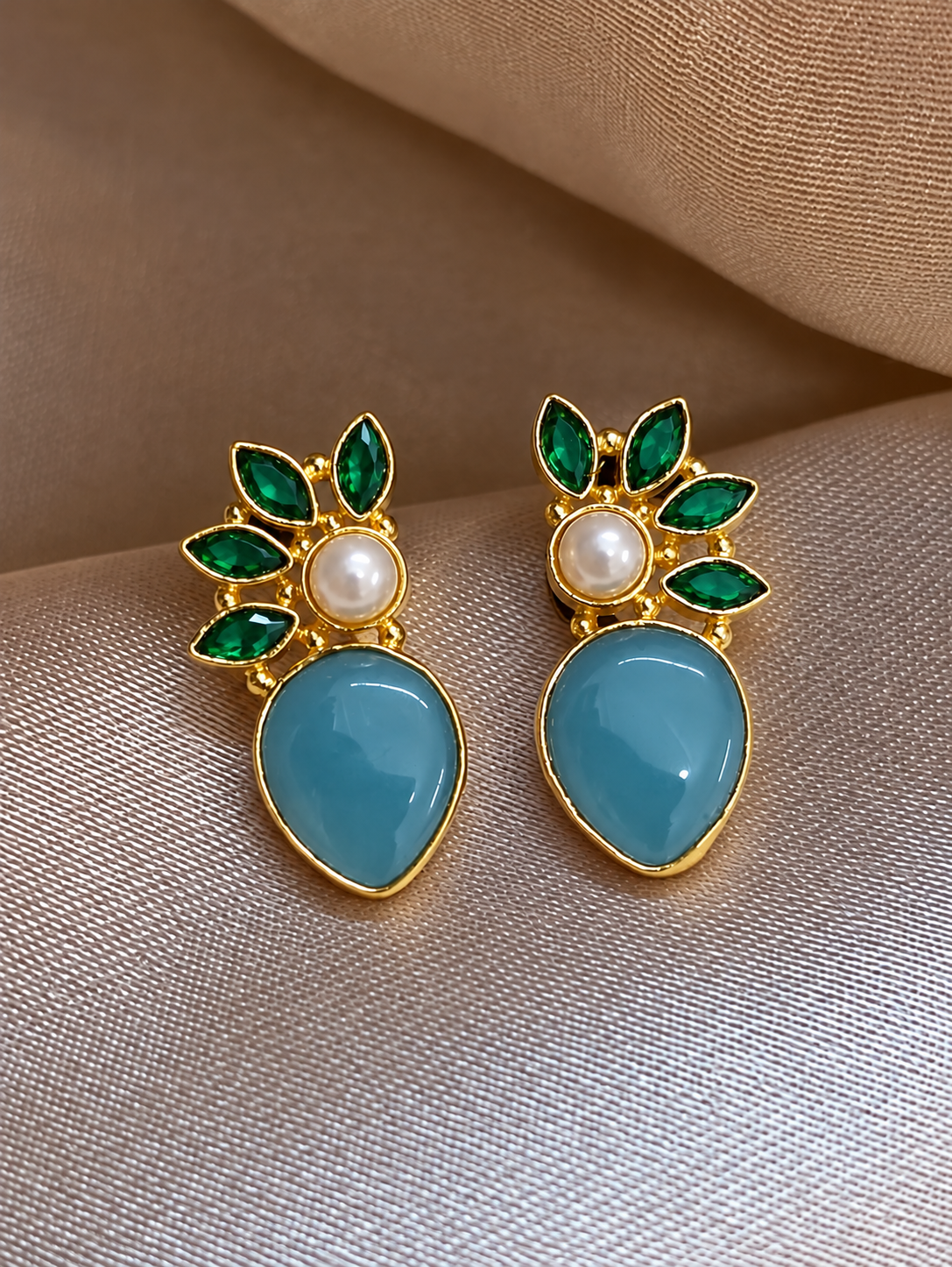 Handmade Brass Red Coral Teardrop Stud Earrings, Pearl Crown Navette Crystal Statement Earrings, Regal Gold Festive Jewelry for Women