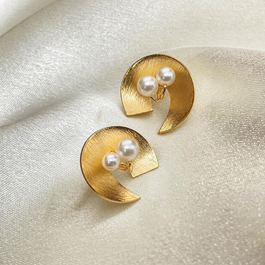 Handmade Brass Crescent Moon Pearl Stud Earrings – Elegant Sculptural Statement Jewelry