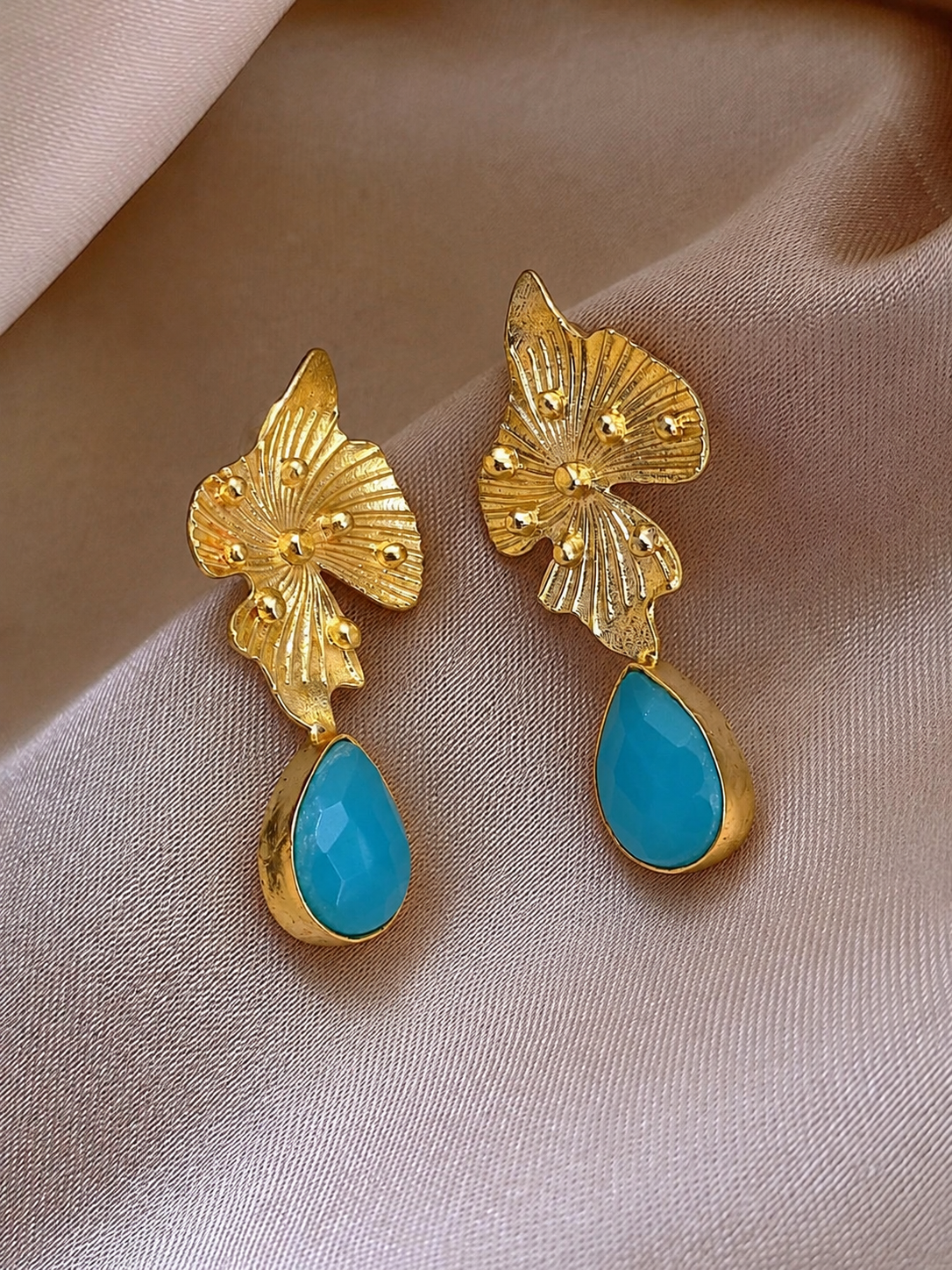 Handmade Brass Turquoise Teardrop Dangle Earrings, Textured Floral Leaf Drop Earrings, Boho Artisan Gold Jewelry for Women
