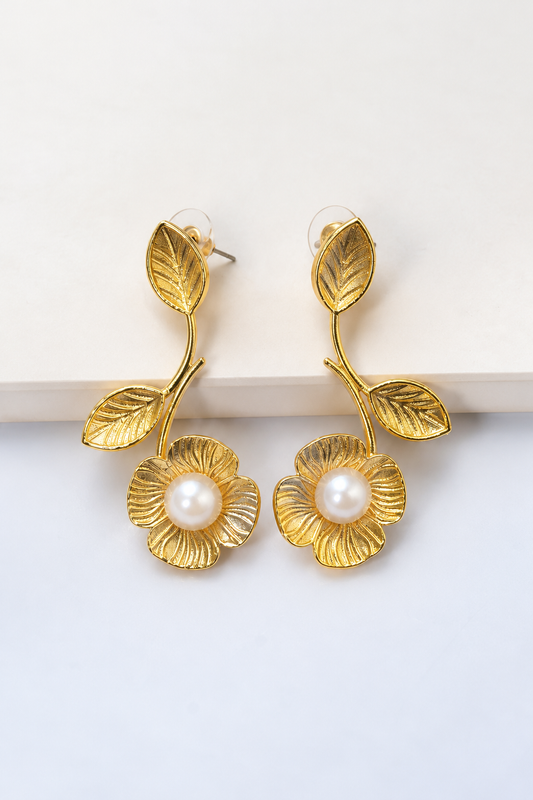 Handmade Brass Floral Drop Earrings, Artisan Leaf Branch Dangle Earrings with Pearl Center, Handcrafted Botanical Statement Jewelry