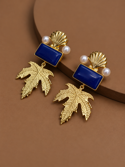 Handmade Brass Lapis Blue Drop Earrings, Seashell Pearl and Palm Leaf Dangle Earrings, Coastal Boho Statement Jewelry for Women